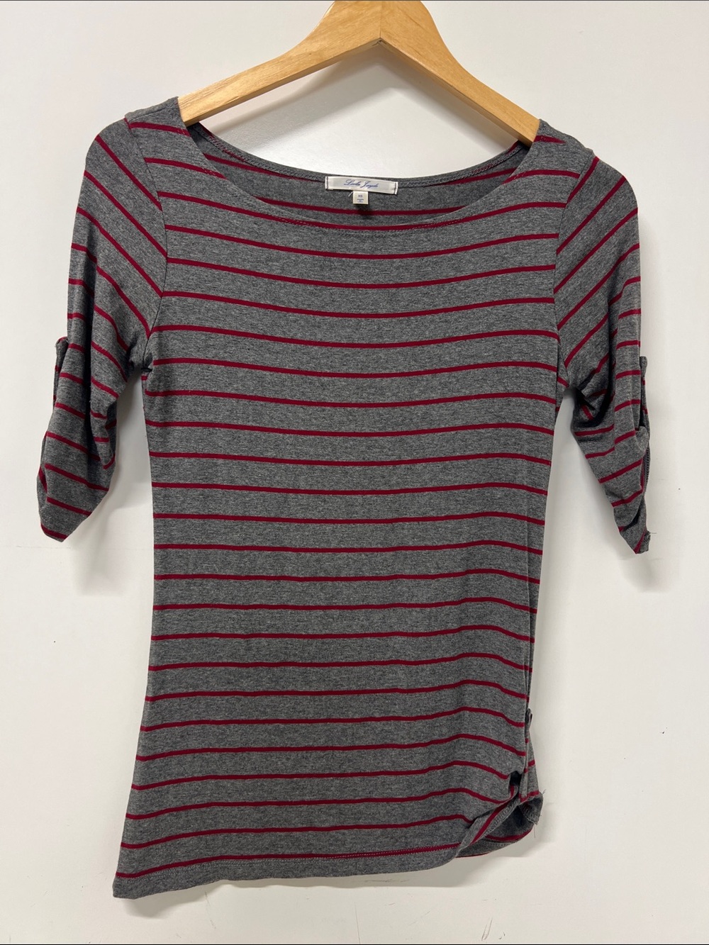 Laila Jayde Top/T Shirt,  Gray w/Red Stripe, Elbow Length Sleeve,XS